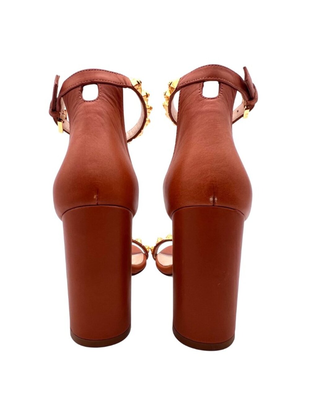 Stuart Weitzman Rosemarie Cognac Gold Stud Block Heels Ankle Strap 7.5B Spain - Picture 5 of 16